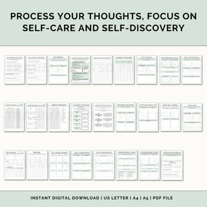 Peut inclure: Un classeur imprimable d'auto-soins et de d&eacute;couverte de soi avec un sch&eacute;ma de couleurs vert et blanc. Le classeur comprend des sections pour suivre les sch&eacute;mas, l'humeur, l'anxi&eacute;t&eacute;, l'estime de soi, et plus encore.