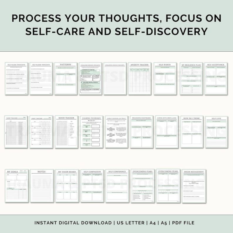 Peut inclure: Un classeur imprimable d'auto-soins et de d&eacute;couverte de soi avec un sch&eacute;ma de couleurs vert et blanc. Le classeur comprend des sections pour suivre les sch&eacute;mas, l'humeur, l'anxi&eacute;t&eacute;, l'estime de soi, et plus encore.