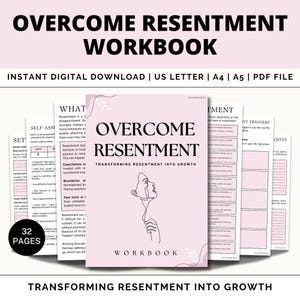 Op de afbeelding: Een roze en wit digitaal werkboek met de titel "Resentment overwinnen: Resentment transformeren in groei". Het werkboek heeft 32 pagina's en bevat een lijntekening van een vrouw met tranen in haar gezicht.