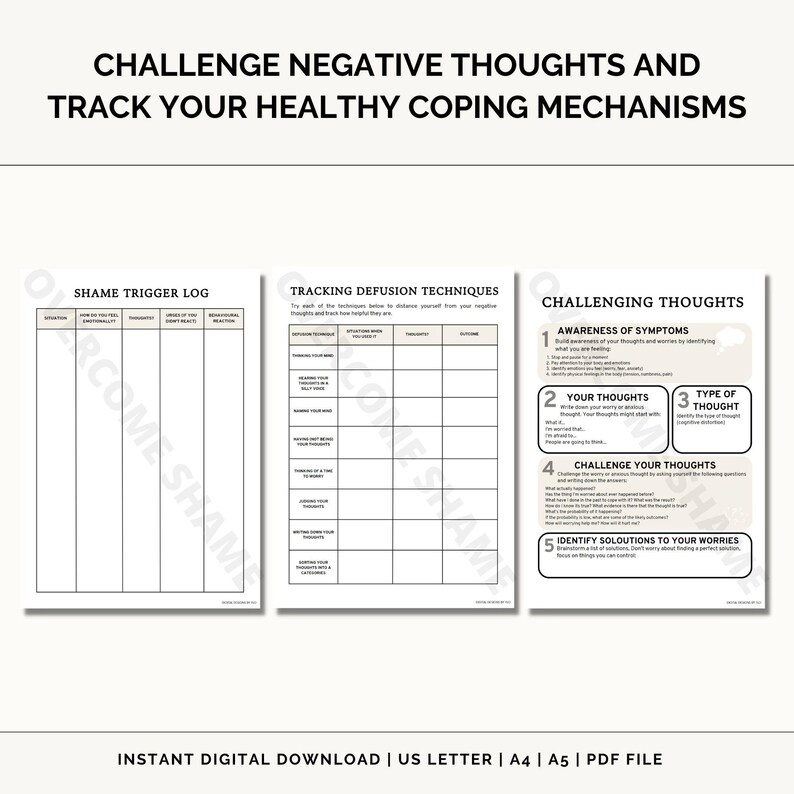 May include: Printable worksheet with three sections: Shame Trigger Log, Tracking Defusion Techniques, and Challenging Thoughts. The worksheet is designed to help people challenge negative thoughts and track healthy coping mechanisms.