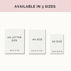 Puede incluir: Tres tarjetas blancas con texto negro que muestran los diferentes tama&ntilde;os disponibles para una impresi&oacute;n. Los tama&ntilde;os son US Letter (8,5 x 11 pulgadas), A4 (8,3 x 11,7 pulgadas) y A5 (5,8 x 8,3 pulgadas).