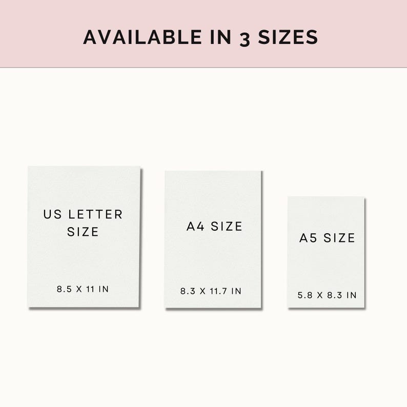 Puede incluir: Tres tarjetas blancas con texto negro que muestran los diferentes tama&ntilde;os disponibles para una impresi&oacute;n. Los tama&ntilde;os son US Letter (8,5 x 11 pulgadas), A4 (8,3 x 11,7 pulgadas) y A5 (5,8 x 8,3 pulgadas).