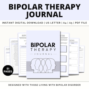 K&ouml;nnte beinhalten: Ein digitaler Download eines Journals f&uuml;r Menschen mit bipolarer St&ouml;rung. Das Cover zeigt einen hellblauen Hintergrund mit drei grauen Silhouetten von K&ouml;pfen. Der Titel "BIPOLAR THERAPY JOURNAL" ist in schwarzer Schrift gedruckt. Das Journal hat 51 Seiten und ist dazu gedacht, Menschen dabei zu helfen, ihre Symptome zu verfolgen und ihren Zustand zu bew&auml;ltigen.