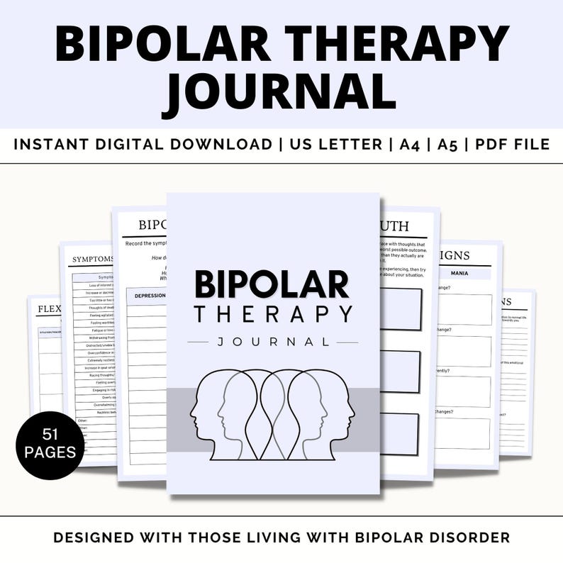 K&ouml;nnte beinhalten: Ein digitaler Download eines Journals f&uuml;r Menschen mit bipolarer St&ouml;rung. Das Cover zeigt einen hellblauen Hintergrund mit drei grauen Silhouetten von K&ouml;pfen. Der Titel "BIPOLAR THERAPY JOURNAL" ist in schwarzer Schrift gedruckt. Das Journal hat 51 Seiten und ist dazu gedacht, Menschen dabei zu helfen, ihre Symptome zu verfolgen und ihren Zustand zu bew&auml;ltigen.