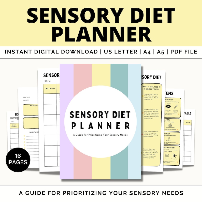 May include: A printable sensory diet planner with a colorful striped cover and the text "Sensory Diet Planner: A Guide For Prioritizing Your Sensory Needs". The planner includes pages for tracking sensory input, activities, and milestones.