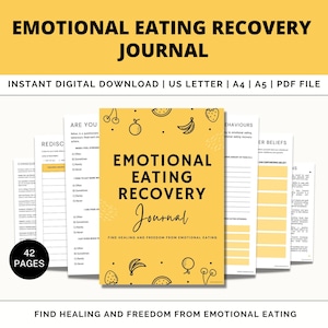 May include: A yellow journal with a black and white illustration of fruit and the text "Emotional Eating Recovery Journal" and "Find Healing and Freedom from Emotional Eating".