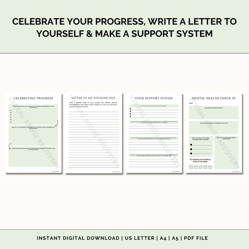 May include: Printable worksheet with four sections: Celebrating Progress, Letter to My Younger Self, Your Support System, and Mental Health Check In. The worksheet is designed to help people reflect on their mental health journey.