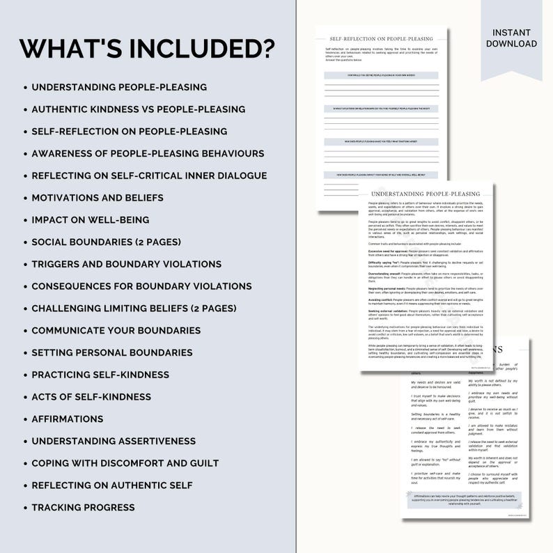 May include: A printable workbook with a white background and black text. The title of the workbook is "What's Included?" and lists a variety of topics related to understanding and overcoming people-pleasing behaviors. The workbook includes two pages on social boundaries and two pages on challenging limiting beliefs.