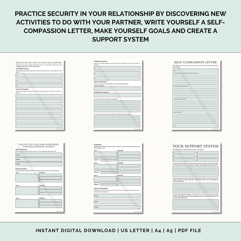 May include: A printable worksheet with a light blue background and black text. The worksheet is titled "Practice Security in Your Relationship by Discovering New Activities to Do with Your Partner, Write Yourself a Self-Compassion Letter, Make Yourself Goals and Create a Support System". The worksheet includes sections for "Practicing Security in Your Relationship", "Attention Exchange", "Practice Forgiveness", "Step by Step Plan for Addressing Your Relationship Anxiety", "Set Boundaries", "Your Support System", and "Self-Compassion Letter".