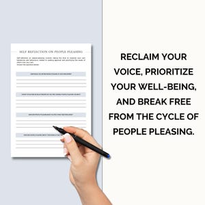 May include: A printable worksheet titled "Self-Reflection on People-Pleasing" with four questions to help you understand your people-pleasing tendencies. The worksheet is accompanied by the text "Reclaim your voice, prioritize your well-being, and break free from the cycle of people pleasing."