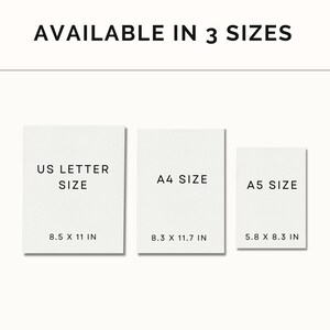 May include: Three white paper sizes with black text. US Letter Size, 8.5 x 11 inches. A4 Size, 8.3 x 11.7 inches. A5 Size, 5.8 x 8.3 inches.