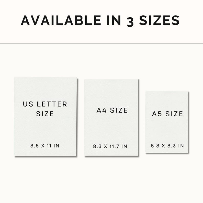 May include: Three white paper sizes with black text. US Letter Size, 8.5 x 11 inches. A4 Size, 8.3 x 11.7 inches. A5 Size, 5.8 x 8.3 inches.