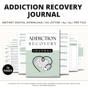 Hojas de trabajo imprimibles para la recuperación de adicciones, diario de recuperación de adicciones, planificador de recuperación de adicciones, plan de prevención de recaídas, plan de salud mental