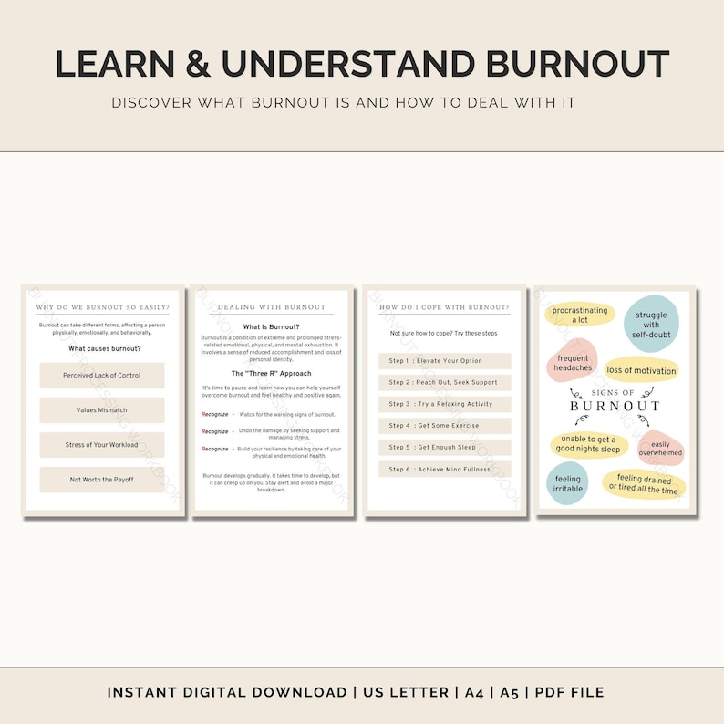 May include: A printable worksheet with information about burnout. The worksheet is divided into three sections: Why do we burnout so easily, Dealing with burnout, and How do I cope with burnout. The worksheet includes a list of common causes of burnout, tips for dealing with burnout, and steps for coping with burnout. The worksheet also includes a section on the signs of burnout.