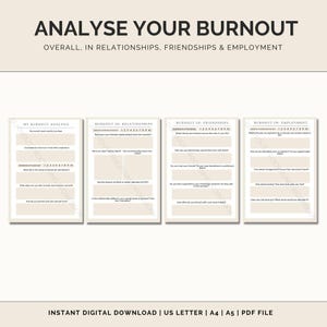 May include: A printable worksheet with a beige background and brown text. The worksheet is titled "Analyze Your Burnout" and is divided into four sections: "My Burnout Analysis", "Burnout in Relationships", "Burnout in Friendships", and "Burnout in Employment". Each section includes a series of questions to help you assess your burnout levels in different areas of your life.