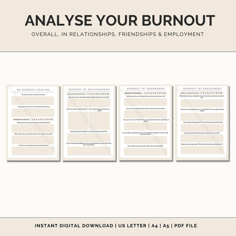 May include: A printable worksheet with a beige background and brown text. The worksheet is titled "Analyze Your Burnout" and is divided into four sections: "My Burnout Analysis", "Burnout in Relationships", "Burnout in Friendships", and "Burnout in Employment". Each section includes a series of questions to help you assess your burnout levels in different areas of your life.