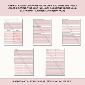 Puede incluir: Una hoja de trabajo imprimible con cuadros de texto rosa y blanco para llevar un diario sobre c&oacute;mo comenzar un d&eacute;ficit cal&oacute;rico. La hoja de trabajo incluye preguntas sobre h&aacute;bitos alimenticios, estado f&iacute;sico y comportamientos. El texto "ANSWER JOURNAL PROMPTS ABOUT WHY YOU WANT TO START A CALORIE DEFICIT. THIS ALSO INCLUDES QUESTIONS ABOUT YOUR EATING HABITS, FITNESS AND BEHAVIOURS" est&aacute; en la parte superior de la p&aacute;gina. El texto "STARTING YOUR CALORE DEFICIT JOURNEY" est&aacute; en la parte superior de la primera p&aacute;gina. El texto "INSTANT DIGITAL DOWNLOAD | US LETTER | A4 | A5 | PDF FILE" est&aacute; en la parte inferior de la p&aacute;gina.