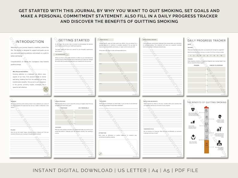 Quit Smoking Journal, Quitting Nicotine, Weekly Progress Tracker