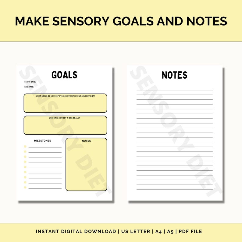 May include: A printable worksheet with a yellow background and black text. The worksheet is divided into two sections: Goals and Notes. The Goals section has fields for Start Date, End Date, What goals do you hope to achieve with your sensory diet?, Why have you set these goals?, Milestones, and Notes. The Notes section has lined paper for writing.