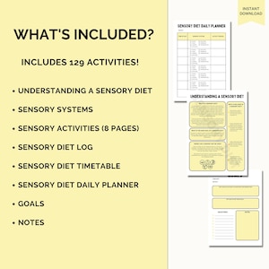 May include: A printable sensory diet planner with 129 activities. The planner includes a daily planner, timetable, log, and information about sensory systems. The planner is designed to help people understand and manage their sensory needs.