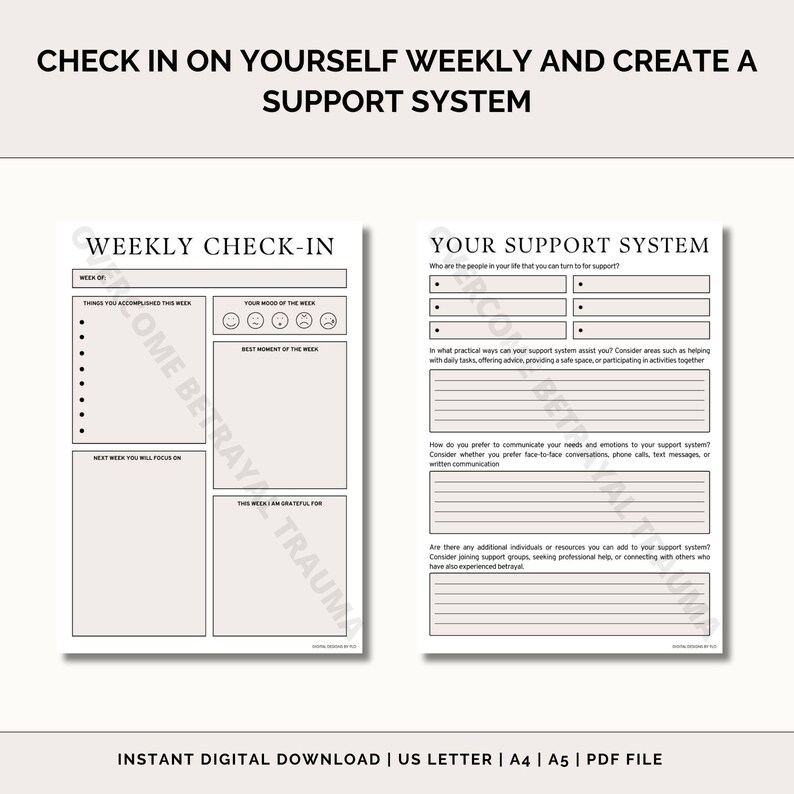 May include: A printable worksheet with a black and white design. The worksheet is divided into two sections. The left section is titled "Weekly Check-In" and includes prompts for reflection, such as "Things you accomplished this week" and "This week I am grateful for." The right section is titled "Your Support System" and includes prompts for identifying and building a support network.