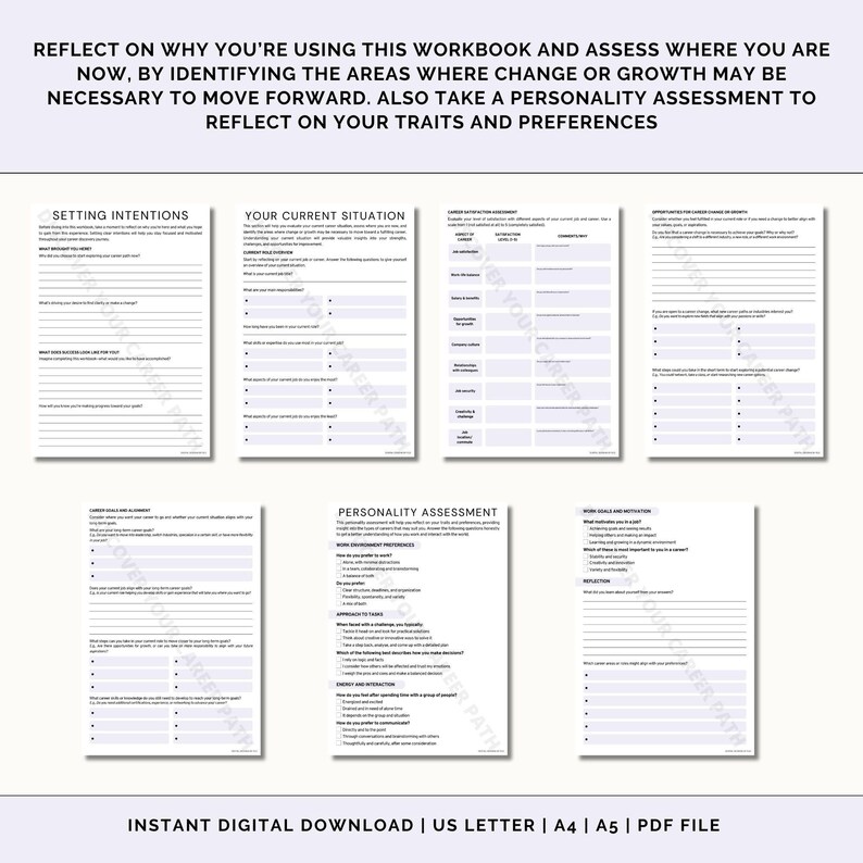 May include: A printable workbook with a black and white design. The workbook is titled "Setting Intentions", "Your Current Situation", "Personality Assessment", and "Work Goals and Institutions". The workbook is for self-reflection and personal growth.
