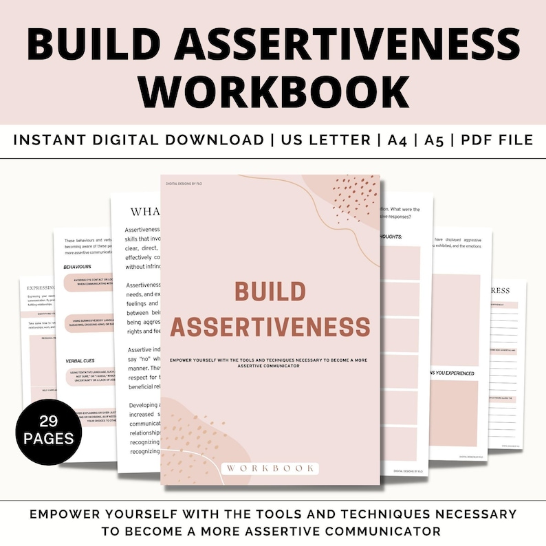 K&ouml;nnte beinhalten: Ein rosa und wei&szlig;es Arbeitsbuch mit dem Titel "Build Assertiveness Workbook". Das Cover zeigt ein rosa und wei&szlig;es abstraktes Design mit einem pfirsichfarbenen Titel. Der Text "EMPOWER YOURSELF WITH THE TOOLS AND TECHNIQUES NECESSARY TO BECOME A MORE ASSERTIVE COMMUNICATOR" befindet sich am unteren Rand des Covers.