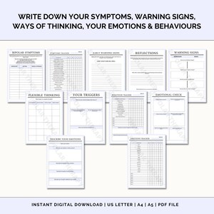 K&ouml;nnte beinhalten: Ein druckbares Arbeitsblatt mit einem schwarz-wei&szlig;en Design. Das Arbeitsblatt ist in Abschnitte mit Titeln wie "Bipolare Symptome", "Symptom-Tracker", "Fr&uuml;hwarnzeichen", "Reflexionen", "Warnzeichen", "Flexibles Denken", "Deine Ausl&ouml;ser", "Verhaltens-Tracker", "Emotionale &Uuml;berpr&uuml;fung", "Beschreibe deine Emotionen" und "Emotions-Tracker" unterteilt.