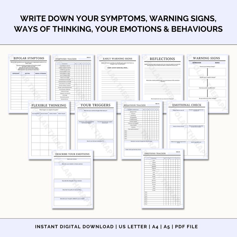 K&ouml;nnte beinhalten: Ein druckbares Arbeitsblatt mit einem schwarz-wei&szlig;en Design. Das Arbeitsblatt ist in Abschnitte mit Titeln wie "Bipolare Symptome", "Symptom-Tracker", "Fr&uuml;hwarnzeichen", "Reflexionen", "Warnzeichen", "Flexibles Denken", "Deine Ausl&ouml;ser", "Verhaltens-Tracker", "Emotionale &Uuml;berpr&uuml;fung", "Beschreibe deine Emotionen" und "Emotions-Tracker" unterteilt.