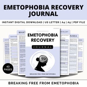 Peut inclure: Un journal numérique imprimable pour la récupération de l'émétophobie. La couverture du journal présente une silhouette noire d'une personne avec un cerveau en spirale. Le texte sur la couverture est "Emetophobia Recovery Journal" et "Breaking Free From Emetophobia". Le journal comprend 43 pages de feuilles de travail et d'exercices pour aider les gens à gérer leur émétophobie.
