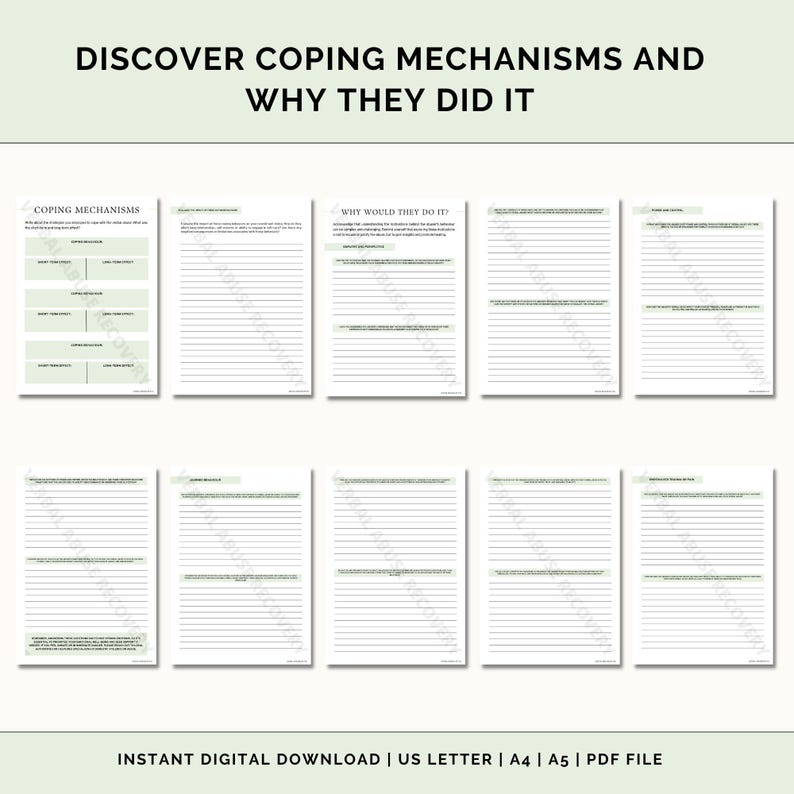 May include: Printable worksheet with the title "Discover Coping Mechanisms and Why They Did It". The worksheet is divided into two sections: "Coping Mechanisms" and "Why Would They Do It!" Each section has several lines for writing.