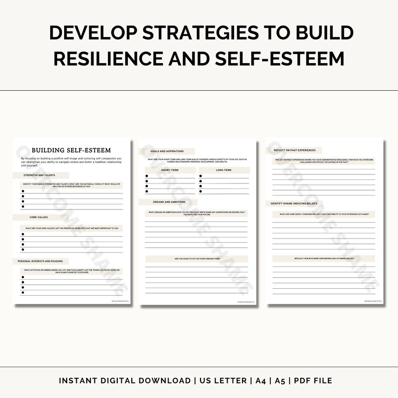 May include: Printable worksheet with the title "Develop Strategies to Build Resilience and Self-Esteem". The worksheet is divided into three sections: Building Self-Esteem, Goals and Aspirations, and Reflect on Past Experiences. Each section has a list of prompts to help users reflect on their strengths, values, goals, and past experiences.