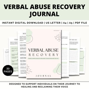 May include: A printable journal with a pink and green design. The cover features the text "Verbal Abuse Recovery Journal" and "Designed to support individuals on their journey to healing and reclaiming their voice".