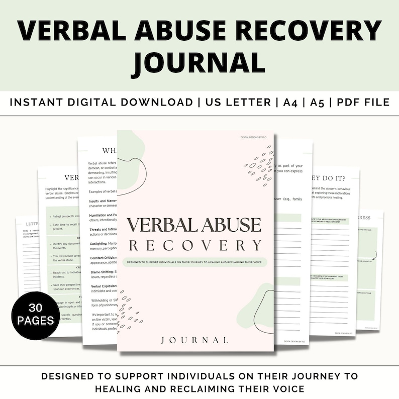 May include: A printable journal with a pink and green design. The cover features the text "Verbal Abuse Recovery Journal" and "Designed to support individuals on their journey to healing and reclaiming their voice".