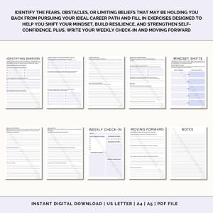 May include: A printable worksheet with a light purple background and black text. The worksheet is designed to help identify fears, obstacles, and limiting beliefs that may be holding you back from pursuing your ideal career path. It includes sections for identifying barriers, mindset shifts, weekly check-in, moving forward, and notes.