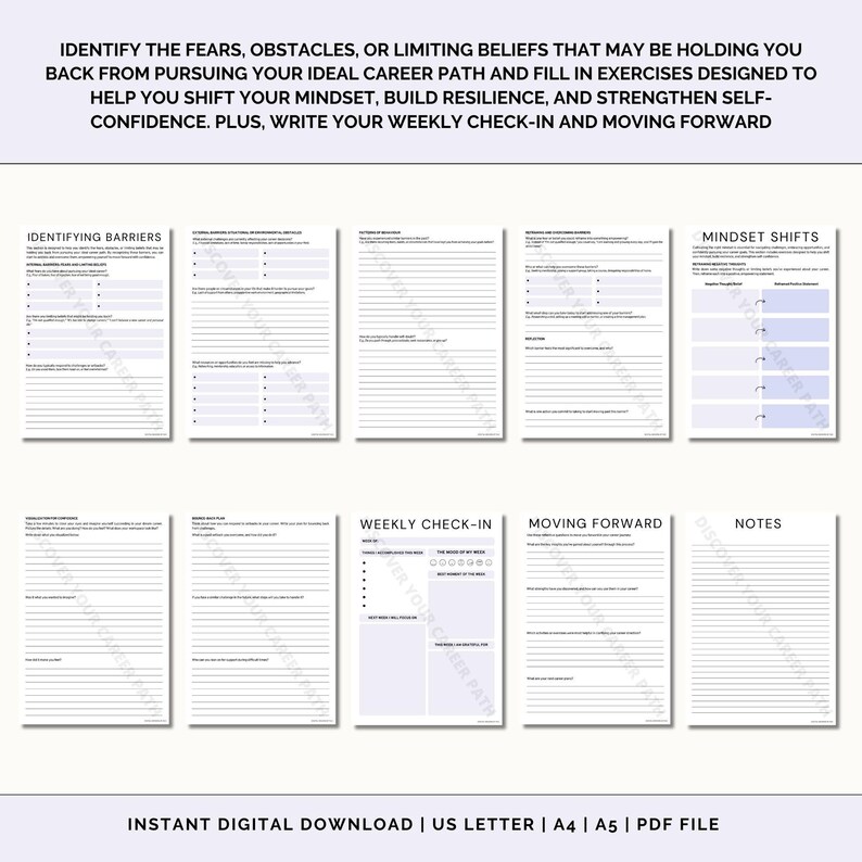 May include: A printable worksheet with a light purple background and black text. The worksheet is designed to help identify fears, obstacles, and limiting beliefs that may be holding you back from pursuing your ideal career path. It includes sections for identifying barriers, mindset shifts, weekly check-in, moving forward, and notes.