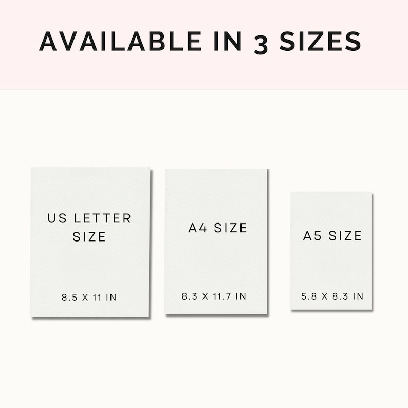 K&ouml;nnte beinhalten: Drei wei&szlig;e Papierkarten mit Text, der die verf&uuml;gbaren Gr&ouml;&szlig;en f&uuml;r einen Druck angibt: US Letter (8,5 x 11 Zoll), A4 (8,3 x 11,7 Zoll) und A5 (5,8 x 8,3 Zoll).
