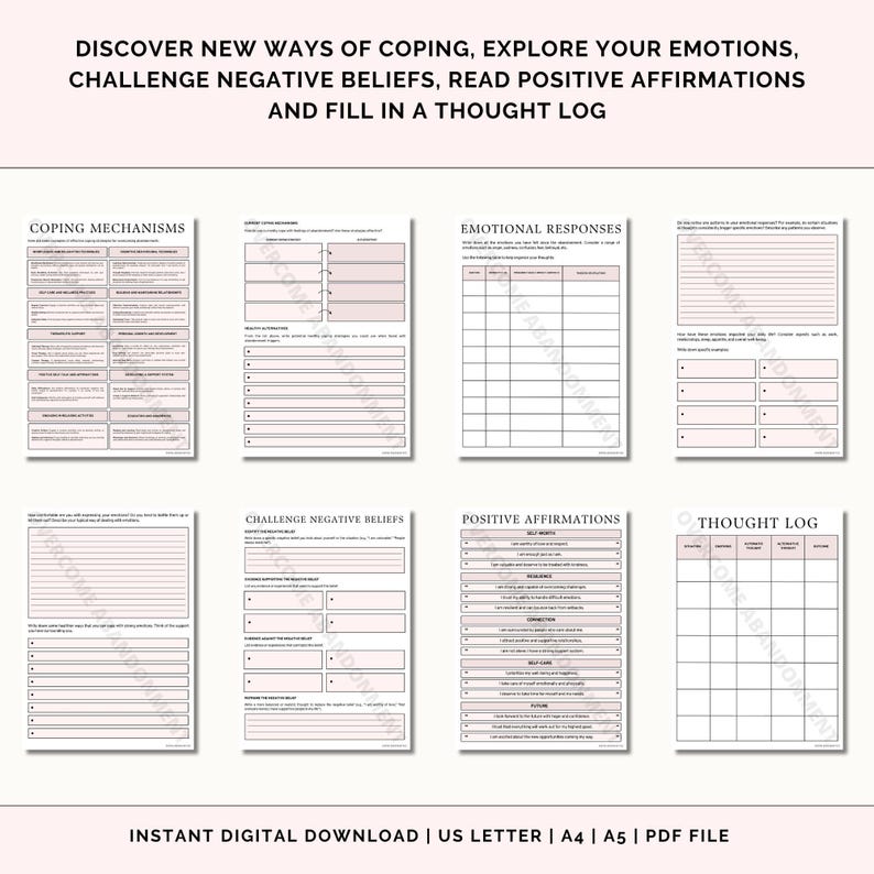 K&ouml;nnte beinhalten: Ein druckbares Arbeitsblatt mit rosa Hintergrund und schwarzem Text. Das Arbeitsblatt ist in Abschnitte mit Titeln wie "Bew&auml;ltigungsmechanismen", "Emotionale Reaktionen", "Negative &Uuml;berzeugungen in Frage stellen", "Positive Affirmationen" und "Gedankenprotokoll" unterteilt. Jeder Abschnitt hat ein Raster mit leeren K&auml;stchen, die von den Benutzern ausgef&uuml;llt werden k&ouml;nnen.