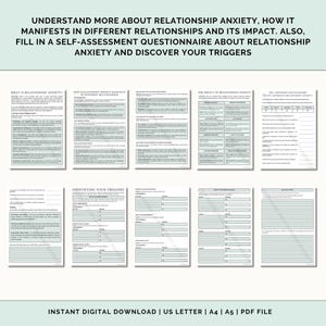 May include: A printable worksheet with the title "Understand More About Relationship Anxiety, How It Manifests in Different Relationships and Its Impact. Also, Fill in a Self-Assessment Questionnaire About Relationship Anxiety and Discover Your Triggers". The worksheet includes sections on what relationship anxiety is, how it manifests, the impact of relationship anxiety, and identifying triggers.