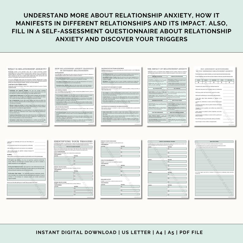 May include: A printable worksheet with the title "Understand More About Relationship Anxiety, How It Manifests in Different Relationships and Its Impact. Also, Fill in a Self-Assessment Questionnaire About Relationship Anxiety and Discover Your Triggers". The worksheet includes sections on what relationship anxiety is, how it manifests, the impact of relationship anxiety, and identifying triggers.