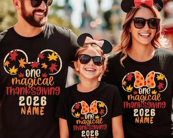 Custom Disney Thanksgiving 2026 Shirt, One Magical Thanksgiving Matching Family Tee, Autumn Fall Leaves Mickey Minnie Ear Trip Shirt