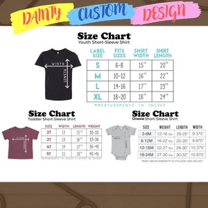 May include: A size chart for youth short-sleeve shirts, toddler short-sleeve shirts, and onesies. The chart includes measurements in inches for width and length, and weight in pounds. The text "DAINTY CUSTOM DESIGN" is at the top.