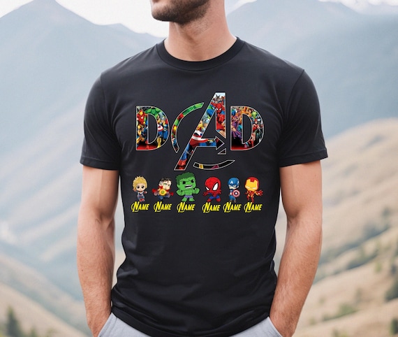 Personalized Avengers Dad and Mom Shirt With Kids Names Shirt,Marvel Shirt,Fathers Day Tee,All Superhero Characters,Gift for Dad,Mom,Grandpa