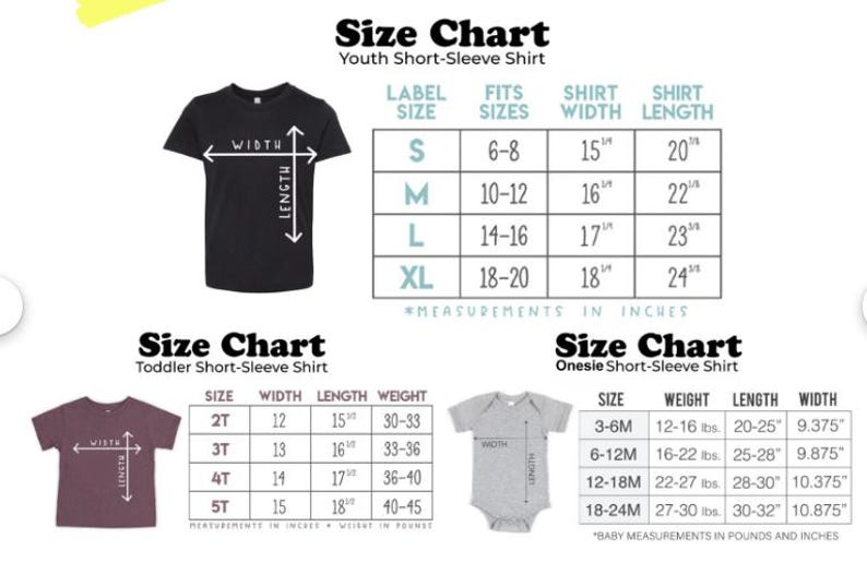 Puede incluir: Tablas de tallas para camisetas de manga corta para j&oacute;venes, ni&ntilde;os peque&ntilde;os y monos. La tabla para j&oacute;venes muestra el ancho y el largo de la camiseta en pulgadas. La tabla para ni&ntilde;os peque&ntilde;os muestra el ancho, el largo y el peso en libras.