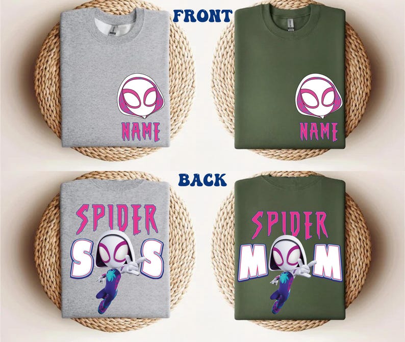 Op de afbeelding: Grijze en olijfgroene sweatshirts met een Spider-Gwen-ontwerp. De voorkant van de shirts toont het masker van het personage en het woord "NAME". De achterkant van de shirts zegt "SPIDER-SOS" en "SPIDER-MOM" met een cartoonafbeelding van Spider-Gwen.
