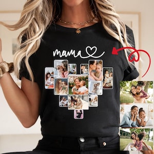 May include: Black t-shirt with the word "mama" and a heart design. The shirt features a collage of photos in a heart shape.