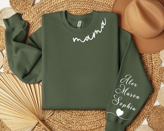 Custom Mama Sweatshirt, Kid Name Sleeve, Personalized Mother's Day Gift, Christmas Gift, Gift for Grandma