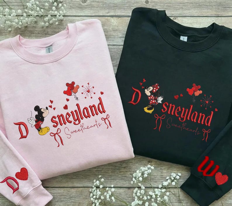 Embroidered Disneyland Minnie, Mickey Couple Sweatshirt, Hoodie, Tshirts Valentine Day Trip image 3