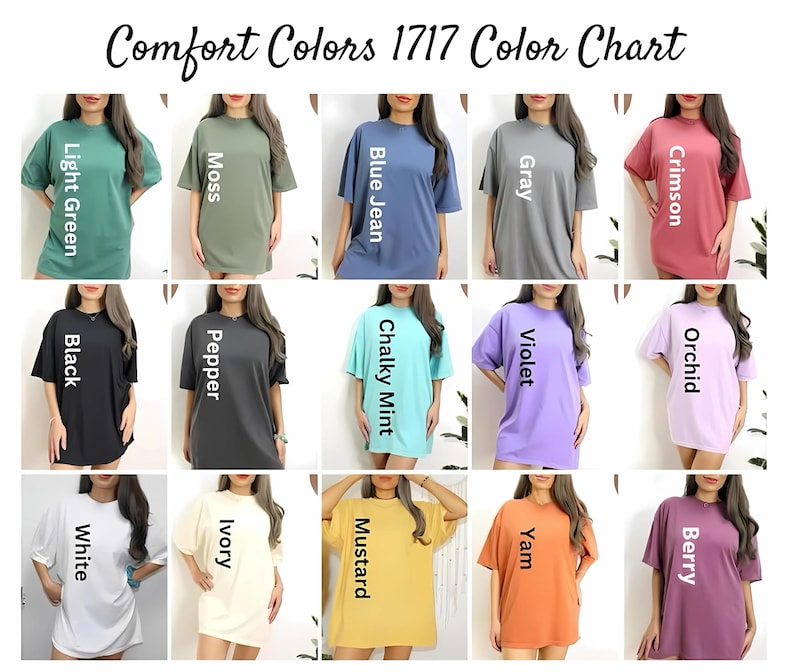 Puede incluir: Una carta de colores que muestra camisetas Comfort Colors 1717 en varios tonos. La carta incluye colores como verde claro, musgo, azul vaquero, gris, carmes&iacute;, negro, pimienta, menta tiza, violeta, orqu&iacute;dea, blanco, marfil, mostaza, &ntilde;ame y baya.