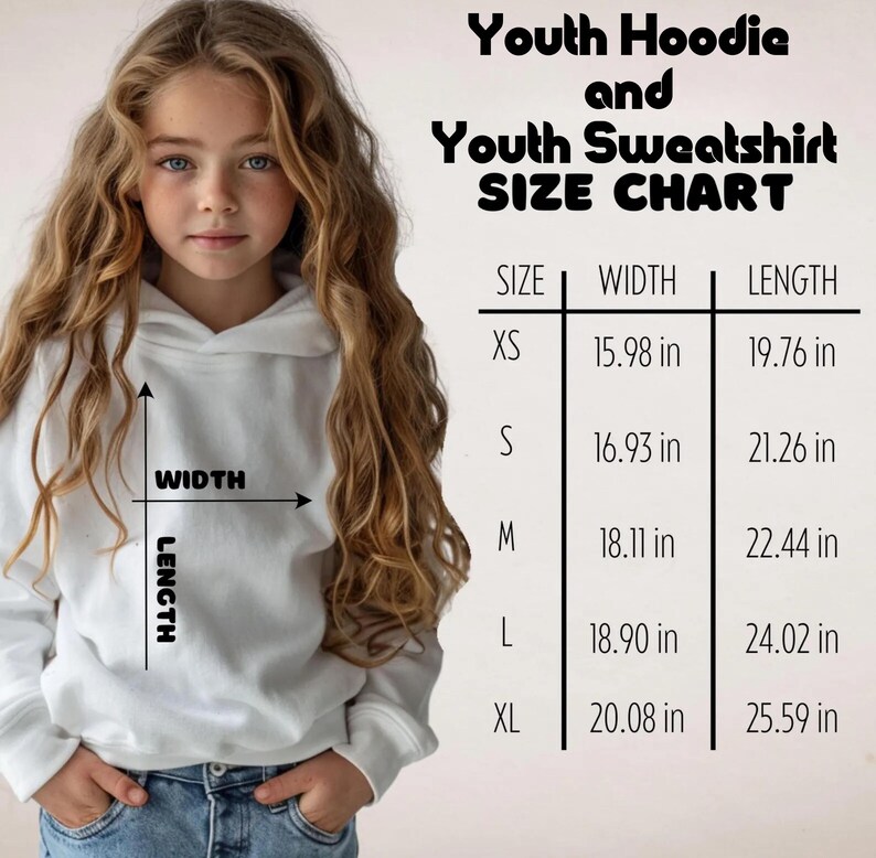 Puede incluir: Tabla de tallas para sudaderas con capucha y sudaderas para j&oacute;venes. La tabla muestra las tallas XS a XL con las medidas de ancho y largo correspondientes en pulgadas.